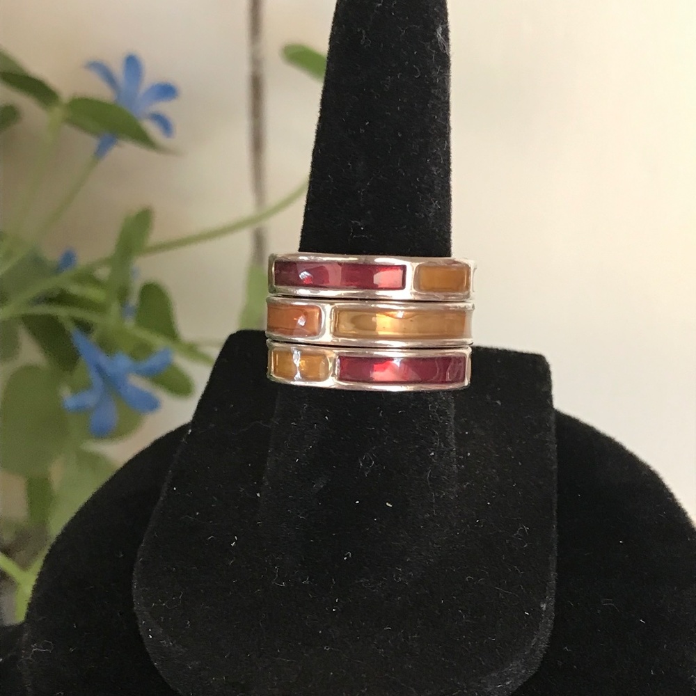 Set of 3 Silver Stackable Eternity Rings-Purple & Gold Enamel Painted - Size 6.5
